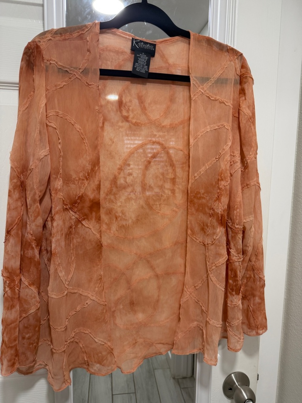 K Studio Sheer Open-Front Tunic Cardigan in Rust Orange